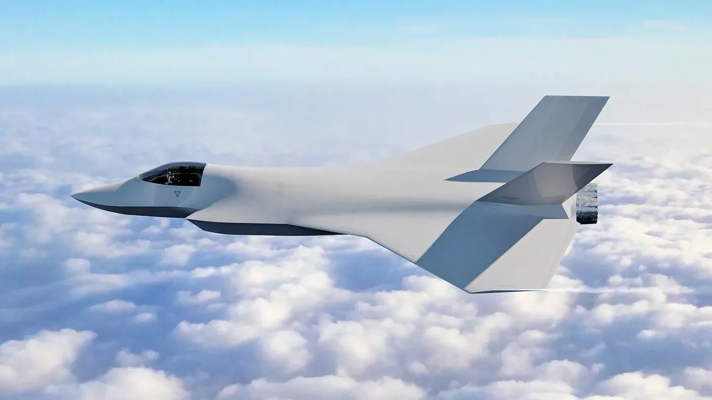 Avion de luptă Tempest zburând printre nori, simbolizând inovația militară.