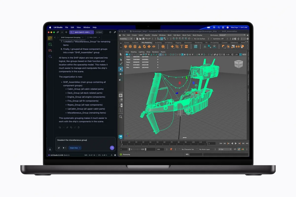 MacBook Pro 2026 cu aplicații de modelare 3D deschise pe ecran.