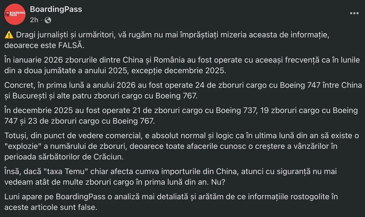 Clarificare privind zborurile cargo din China către București.