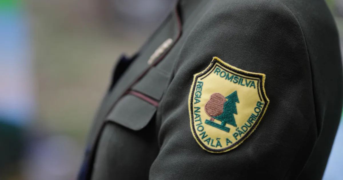 Logo-ul Romsilva pe uniforma unui angajat în pădure.