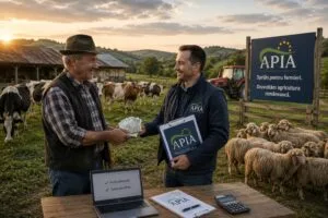 Fermier primind subvenții de la APIA într-un peisaj rural.