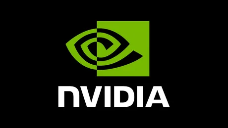 Logo-ul NVIDIA pe fundal negru, simbolizând inovația în tehnologie.