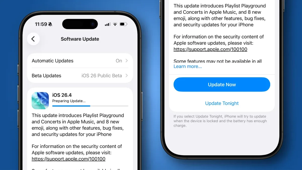 Ecran de actualizare iOS 26.4 pe un iPhone.
