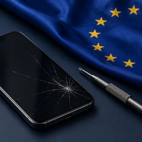 Un telefon cu ecran spart lângă o steag al Uniunii Europene și un instrument de reparat.