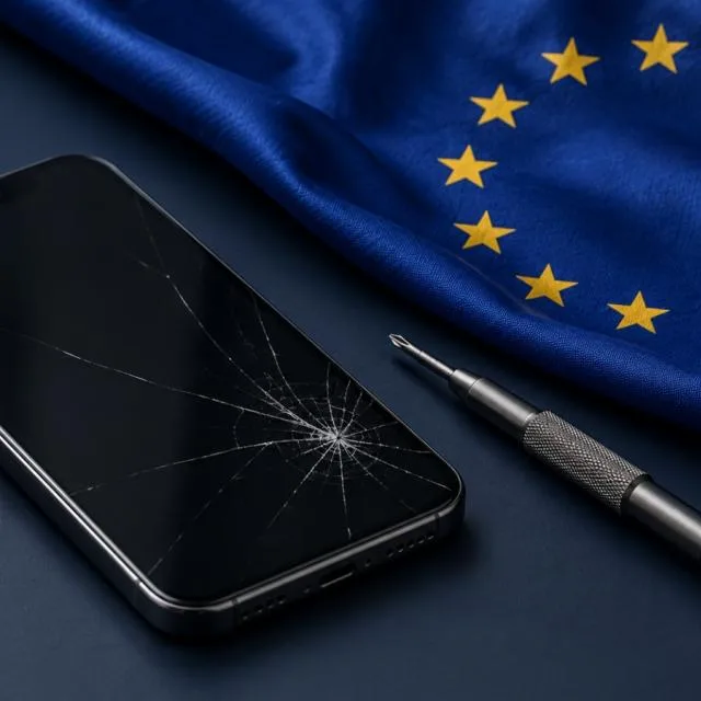 Un telefon cu ecran spart lângă o steag al Uniunii Europene și un instrument de reparat.