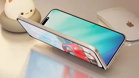 Un iPhone pliabil cu un design elegant și un ecran mare, pe un birou modern.