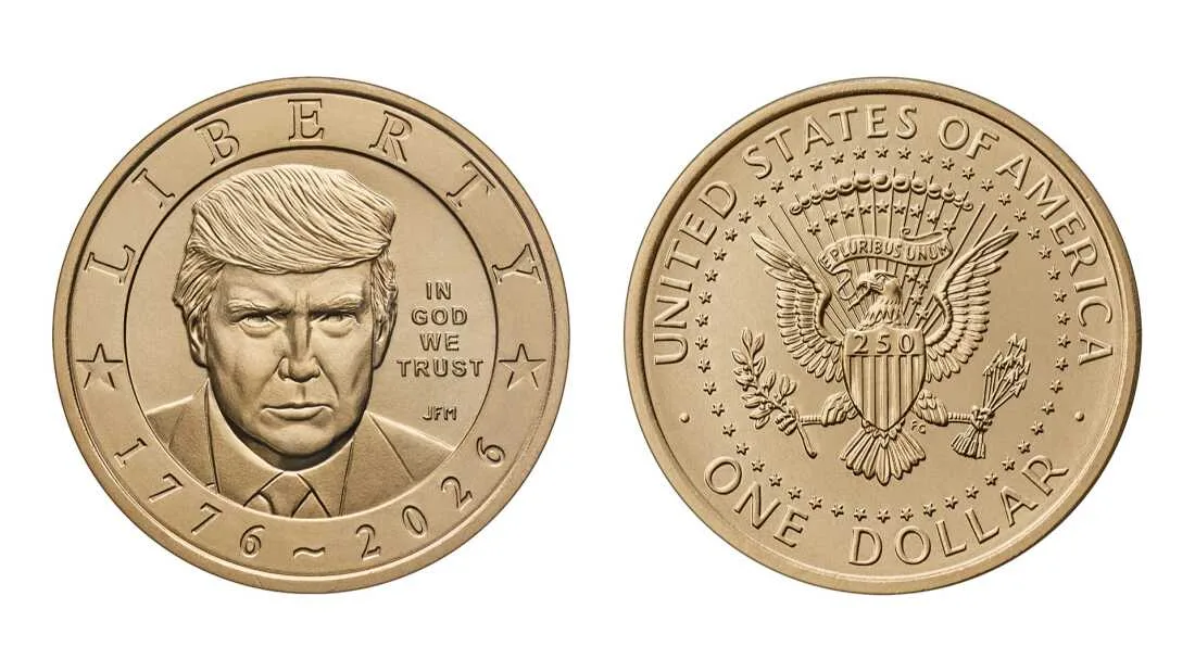 Moneda de 1 dolar cu chipul lui Donald Trump și vulturul pleșuv.