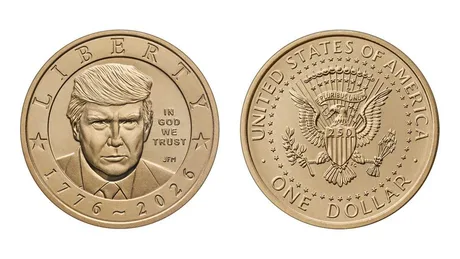 Moneda de 1 dolar cu chipul lui Donald Trump și vulturul pleșuv.