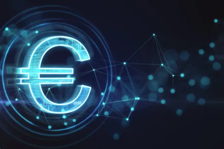 Simbolul euro digital iluminat pe un fundal tehnologic.