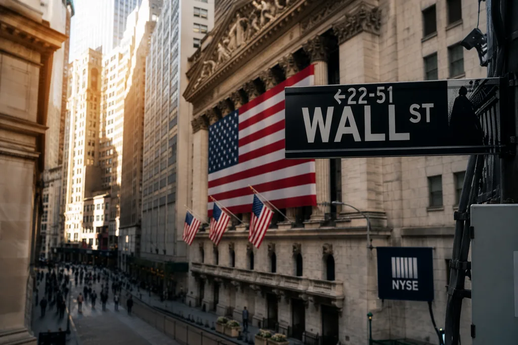 Strada Wall Street cu clădiri financiare și steaguri americane.