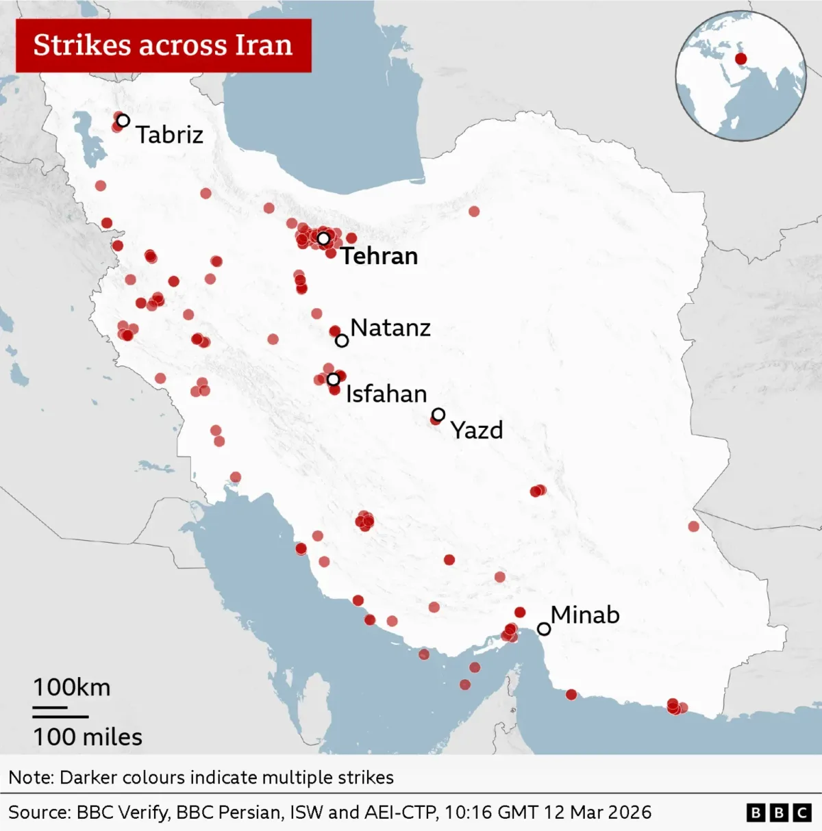 Harta atacurilor în Iran, evidențiind zonele afectate de bombardamente.