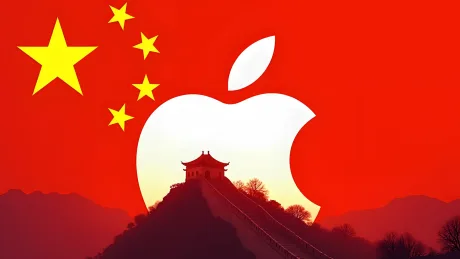 Logo Apple pe fundal roșu cu steagul Chinei și o pagodă.