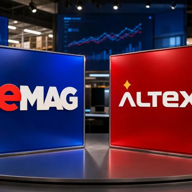 Logo-urile eMAG și Altex evidențiază competiția din retailul românesc.