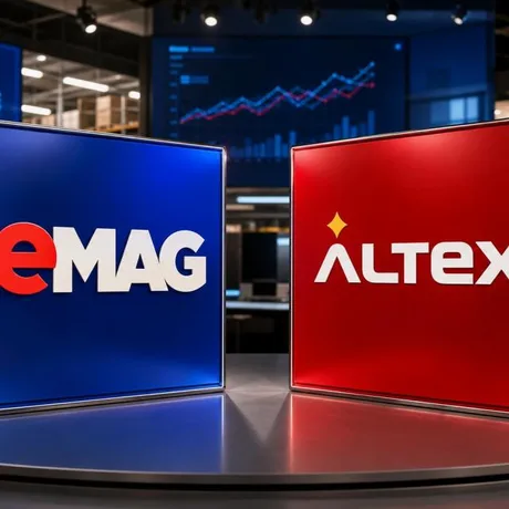 Logo-urile eMAG și Altex evidențiază competiția din retailul românesc.