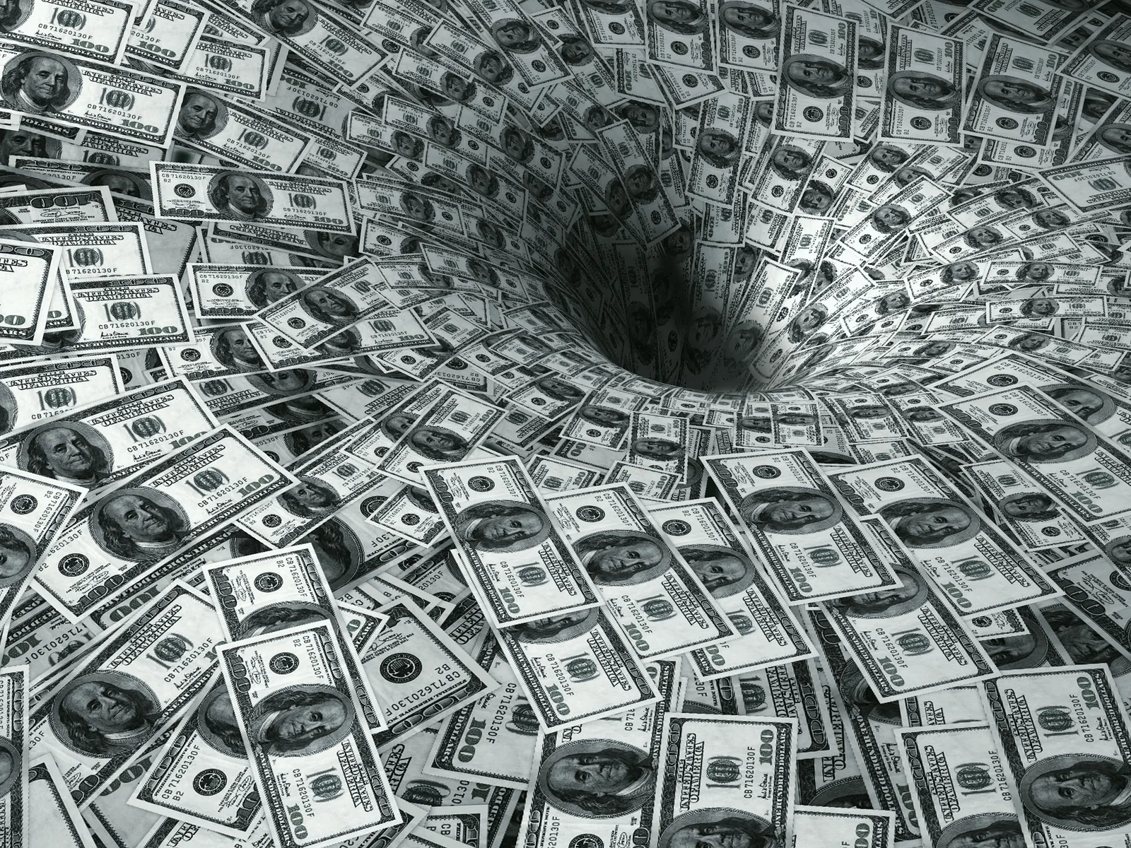 Bancnote de dolari aruncate într-un vârtej, simbolizând criza economică.