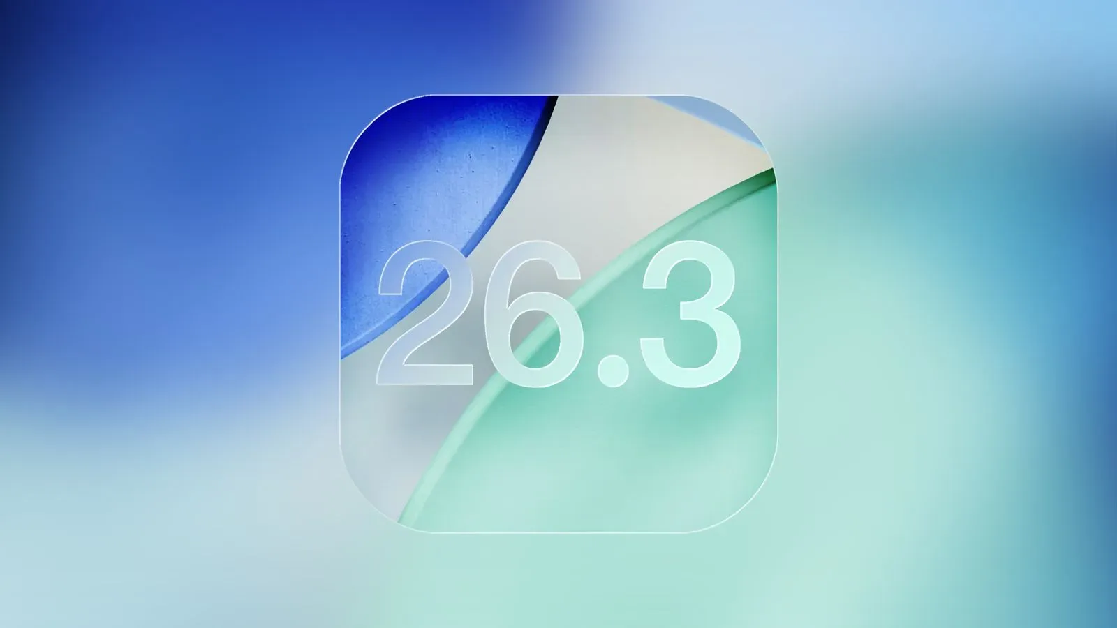 Logo-ul iOS 26.3 pe un fundal abstract colorat.