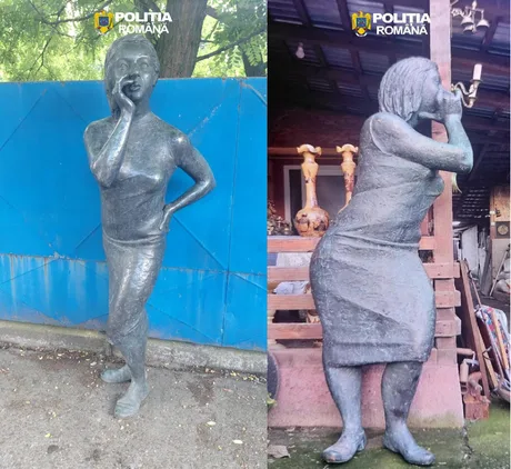 Statuetă de bronz recuperată de poliție, reprezentând figuri umane, în Buzău.